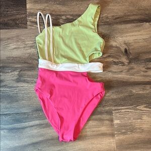 JD DANCEWEAR Lei Leo Colorblock One-Shoulder Pink and Green Adult S